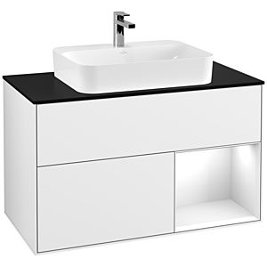 Villeroy und Boch Finion Waschtischunterschrank G372GFGF 100cm, Abdeckplatte black matt, Emotion, Regal rechts Glossy white lacquer, Glossy white lacquer