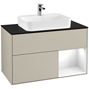 Villeroy und Boch Finion Waschtischunterschrank G372GFHH 100cm, Abdeckplatte black matt, Emotion, Regal rechts Glossy white lacquer, Sand Matt Lacquer