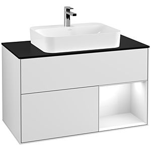 Villeroy et Boch Finion Villeroy et Boch G372GFMT 100cm, plaque de recouvrement noir mat, Emotion, étagère à droite laqué blanc brillant, laqué blanc mat