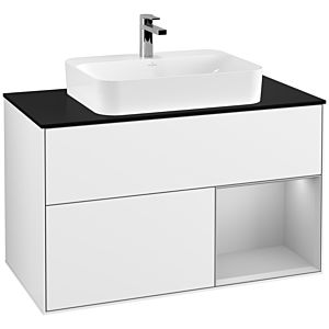 Villeroy und Boch Finion Waschtischunterschrank G372GJGF 100cm, Abdeckplatte black matt, Emotion, Regal rechts Light grey matt, Glossy white lacquer