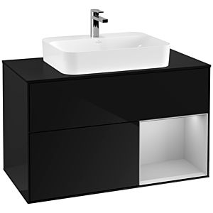 Villeroy und Boch Finion Waschtischunterschrank G372GJPH 100cm, Abdeckplatte black matt, Emotion, Regal rechts Light grey matt, Glossy Black Lacquer