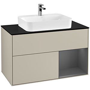 Villeroy und Boch Finion Waschtischunterschrank G372GKHH 100cm, Abdeckplatte black matt, Emotion, Regal rechts Anthracite matt, Sand Matt Lacquer
