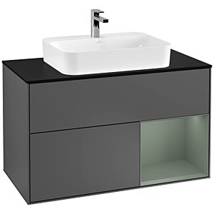 Villeroy und Boch Finion Waschtischunterschrank G372GMGK 100cm, Abdeckplatte black matt, Emotion, Regal rechts Olive Matt Lacquer, Anthracite matt