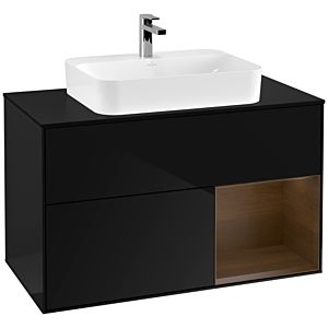 Villeroy und Boch Finion Waschtischunterschrank G372GNPH 100cm, Abdeckplatte black matt, Emotion, Regal rechts Walnut veneer, Glossy Black Lacquer