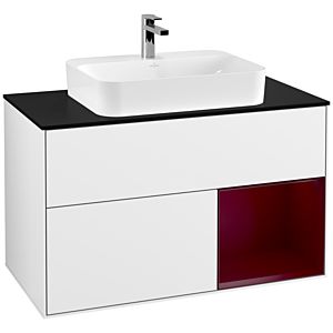 Villeroy und Boch Finion Waschtischunterschrank G372HBGF 100cm, Abdeckplatte black matt, Emotion, Regal rechts Peony, Glossy white lacquer