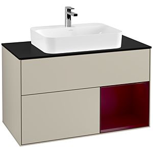 Villeroy und Boch Finion Waschtischunterschrank G372HBHH 100cm, Abdeckplatte black matt, Emotion, Regal rechts Peony, Sand Matt Lacquer