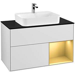 Villeroy et Boch Finion Villeroy et Boch G372HFMT 100cm, plaque de finition noir mat, Emotion, étagère droite or mat, laqué blanc mat