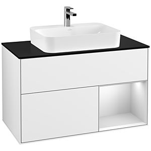 Villeroy und Boch Finion Waschtischunterschrank G372MTGF 100cm, Abdeckplatte black matt, Emotion, Regal rechts White matt lacquer, Glossy white lacquer