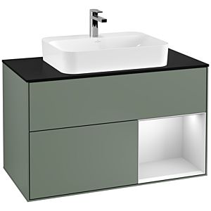 Villeroy et Boch Finion Villeroy et Boch G372MTGM 100cm, plaque de finition noir mat, Emotion, étagère à droite laqué blanc mat, Olive Matt Lacquer