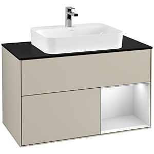 Villeroy und Boch Finion Waschtischunterschrank G372MTHH 100cm, Abdeckplatte black matt, Emotion, Regal rechts White matt lacquer, Sand Matt Lacquer