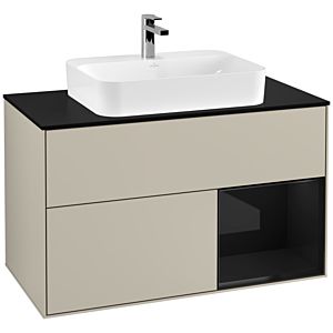 Villeroy und Boch Finion Waschtischunterschrank G372PHHH 100cm, Abdeckplatte black matt, Emotion, Regal rechts Glossy Black Lacquer, Sand Matt Lacquer