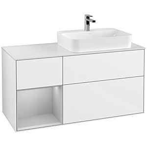 Villeroy und Boch Finion Waschtischunterschrank G391GJGF 120cm, Abdeckplatte white matt, Emotion, Regal links Light grey matt, Glossy white lacquer