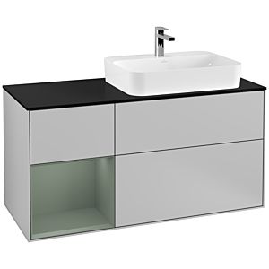 Villeroy und Boch Finion Waschtischunterschrank G392GMGJ 120cm, Abdeckplatte black matt, Emotion, Regal links Olive Matt Lacquer, Light grey matt