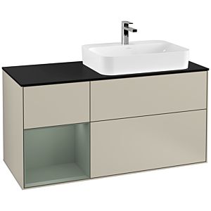 Villeroy und Boch Finion Waschtischunterschrank G392GMHH 120cm, Abdeckplatte black matt, Emotion, Regal links Olive Matt Lacquer, Sand Matt Lacquer