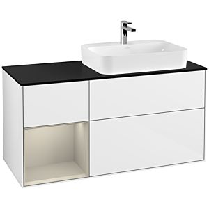 Villeroy und Boch Finion Waschtischunterschrank G392HHGF 120cm, Abdeckplatte black matt, Emotion, Regal links Sand Matt Lacquer, Glossy white lacquer