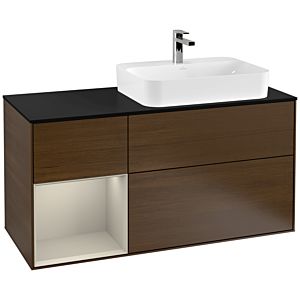 Villeroy und Boch Finion Waschtischunterschrank G392HHGN 120cm, Abdeckplatte black matt, Emotion, Regal links Sand Matt Lacquer, Walnut veneer