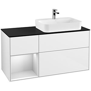 Villeroy und Boch Finion Waschtischunterschrank G392MTGF 120cm, Abdeckplatte black matt, Emotion, Regal links White matt lacquer, Glossy white lacquer
