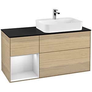 Villeroy und Boch Finion Waschtischunterschrank G392MTPC 120cm, Abdeckplatte black matt, Emotion, Regal links White matt lacquer, Oak Veneer