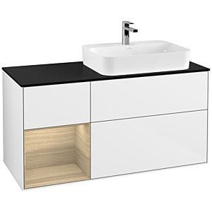 Villeroy und Boch Finion Waschtischunterschrank G392PCGF 120cm, Abdeckplatte black matt, Emotion, Regal links Oak Veneer, Glossy white lacquer