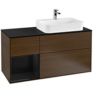 Villeroy und Boch Finion Waschtischunterschrank G392PHGN 120cm, Abdeckplatte black matt, Emotion, Regal links Glossy Black Lacquer, Walnut veneer