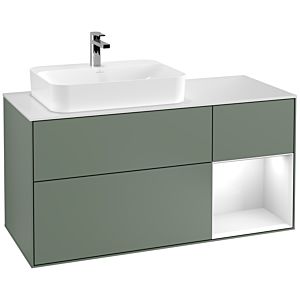 Villeroy et Boch Finion Villeroy et Boch G401GFGM 120cm, plaque de finition blanc mat, Emotion, étagère à droite Laque blanc brillant, Olive Matt Lacquer