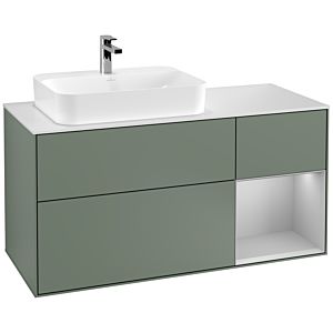 Villeroy und Boch Finion Waschtischunterschrank G401GJGM 120cm, Abdeckplatte white matt, Emotion, Regal rechts Light grey matt, Olive Matt Lacquer