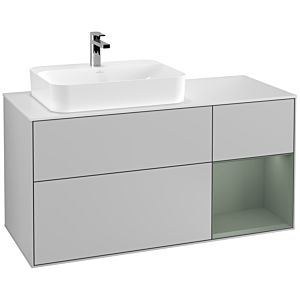Villeroy und Boch Finion Waschtischunterschrank G401GMGJ 120cm, Abdeckplatte white matt, Emotion, Regal rechts Olive Matt Lacquer, Light grey matt