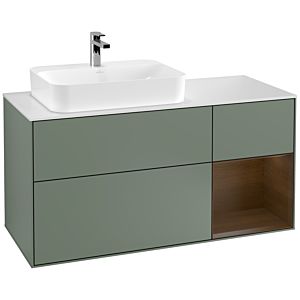 Villeroy und Boch Finion Waschtischunterschrank G401GNGM 120cm, Abdeckplatte white matt, Emotion, Regal rechts Walnut veneer, Olive Matt Lacquer