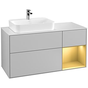 Villeroy und Boch Finion Waschtischunterschrank G401HFGJ 120cm, Abdeckplatte white matt, Emotion, Regal rechts Gold matt, Light grey matt