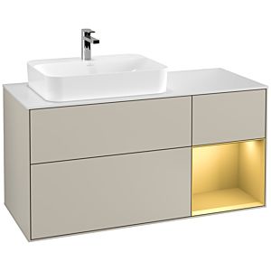 Villeroy und Boch Finion Waschtischunterschrank G401HFHH 120cm, Abdeckplatte white matt, Emotion, Regal rechts Gold matt, Sand Matt Lacquer