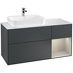 Villeroy und Boch Finion Waschtischunterschrank G401HHHG 120cm, Abdeckplatte white matt, Emotion, Regal rechts Sand Matt, Midnight Blue Matt Lacquer