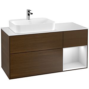 Villeroy et Boch Finion Villeroy et Boch G401MTGN 120cm, plaque de recouvrement blanc mat, Emotion, étagère à droite laqué blanc mat, placage noyer