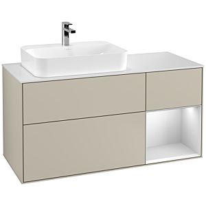 Villeroy und Boch Finion Waschtischunterschrank G401MTHH 120cm, Abdeckplatte white matt, Emotion, Regal rechts White matt lacquer, Sand Matt Lacquer