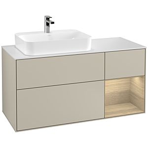 Villeroy und Boch Finion Waschtischunterschrank G401PCHH 120cm, Abdeckplatte white matt, Emotion, Regal rechts Oak Veneer, Sand Matt Lacquer