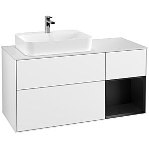 Villeroy et Boch Finion Villeroy et Boch G401PDGF 120cm, plaque de recouvrement blanc mat, Emotion, étagère à droite Laque noire mate, Laque blanche brillante