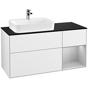 Villeroy und Boch Finion Waschtischunterschrank G402GJGF 120cm, Abdeckplatte black matt, Emotion, Regal rechts Light grey matt, Glossy white lacquer