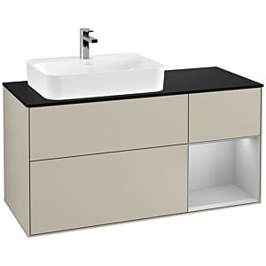 Villeroy und Boch Finion Waschtischunterschrank G402GJHH 120cm, Abdeckplatte black matt, Emotion, Regal rechts Light grey matt, Sand Matt Lacquer