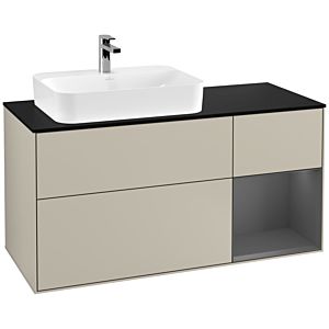 Villeroy und Boch Finion Waschtischunterschrank G402GKHH 120cm, Abdeckplatte black matt, Emotion, Regal rechts Anthracite matt, Sand Matt Lacquer