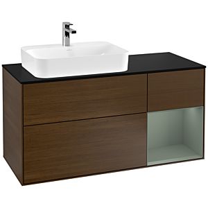 Villeroy und Boch Finion Waschtischunterschrank G402GMGN 120cm, Abdeckplatte black matt, Emotion, Regal rechts Olive Matt Lacquer, Walnut veneer