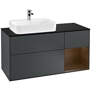 Villeroy und Boch Finion Waschtischunterschrank G402GNHG 120cm, Abdeckplatte black matt, Emotion, Regal rechts Walnut veneer, Midnight Blue Matt Lacquer