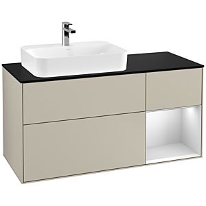 Villeroy und Boch Finion Waschtischunterschrank G402MTHH 120cm, Abdeckplatte black matt, Emotion, Regal rechts White matt lacquer, Sand Matt Lacquer