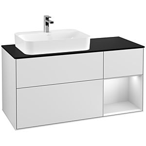Villeroy und Boch Finion Waschtischunterschrank G402MTMT 120cm, Abdeckplatte black matt, Emotion, Regal rechts White matt lacquer, White matt lacquer
