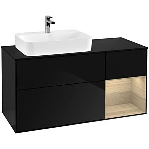 Villeroy und Boch Finion Waschtischunterschrank G402PCPH 120cm, Abdeckplatte black matt, Emotion, Regal rechts Oak Veneer, Glossy Black Lacquer