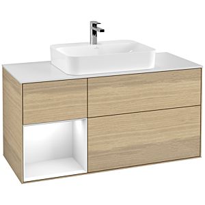 Villeroy et Boch Finion Villeroy et Boch G411GFPC 120cm, plaque de finition blanc mat, Emotion, étagère gauche laqué blanc brillant, Oak Veneer