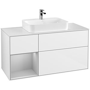 Villeroy und Boch Finion Waschtischunterschrank G411GJGF 120cm, Abdeckplatte white matt, Emotion, Regal links Light grey matt, Glossy white lacquer