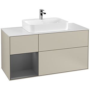 Villeroy und Boch Finion Waschtischunterschrank G411GKHH 120cm, Abdeckplatte white matt, Emotion, Regal links Anthracite matt, Sand Matt Lacquer