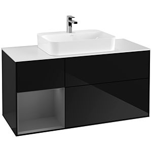 Villeroy und Boch Finion Waschtischunterschrank G411GKPH 120cm, Abdeckplatte white matt, Emotion, Regal links Anthracite matt, Glossy Black Lacquer