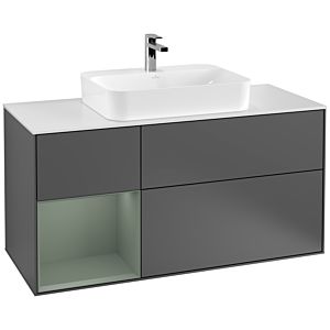 Villeroy und Boch Finion Waschtischunterschrank G411GMGK 120cm, Abdeckplatte white matt, Emotion, Regal links Olive Matt Lacquer, Anthracite matt