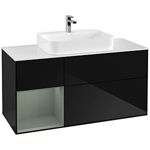 Villeroy und Boch Finion Waschtischunterschrank G411GMPH 120cm, Abdeckplatte white matt, Emotion, Regal links Olive Matt Lacquer, Glossy Black Lacquer
