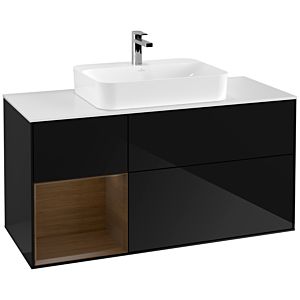 Villeroy und Boch Finion Waschtischunterschrank G411GNPH 120cm, Abdeckplatte white matt, Emotion, Regal links Walnut veneer, Glossy Black Lacquer